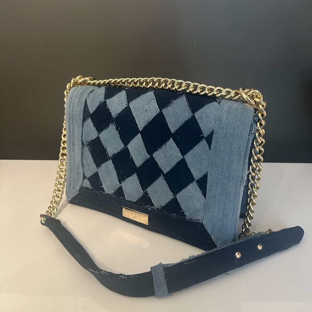 Custom Levis Blue Denim Patchwork Flap Purse BCBG Gold Metal Strap Handbag